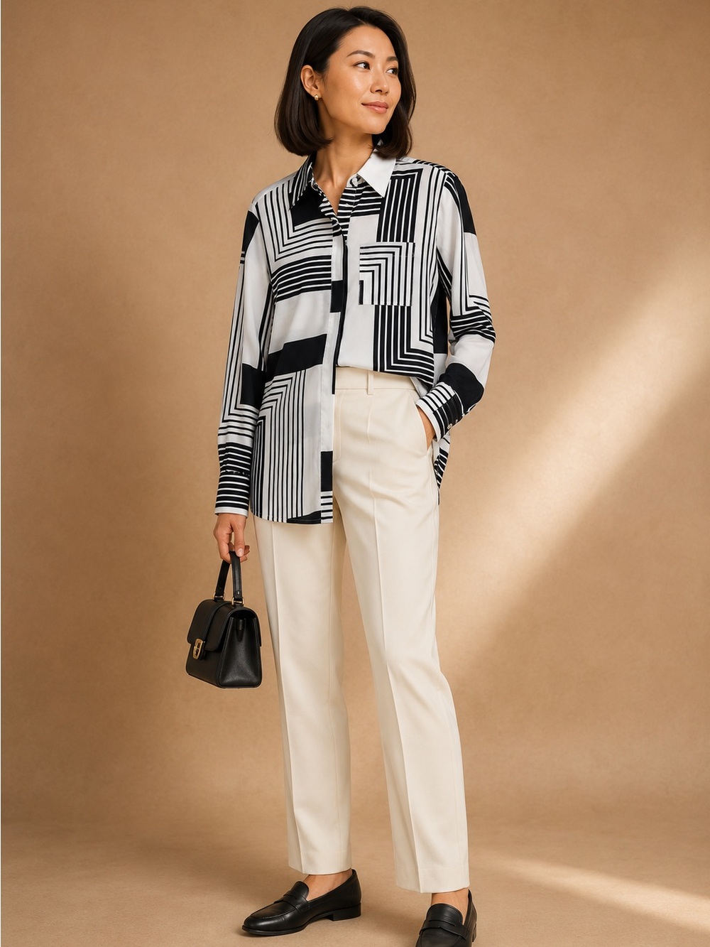 Nine West XS Black White Geometric Print Button Up Blouse